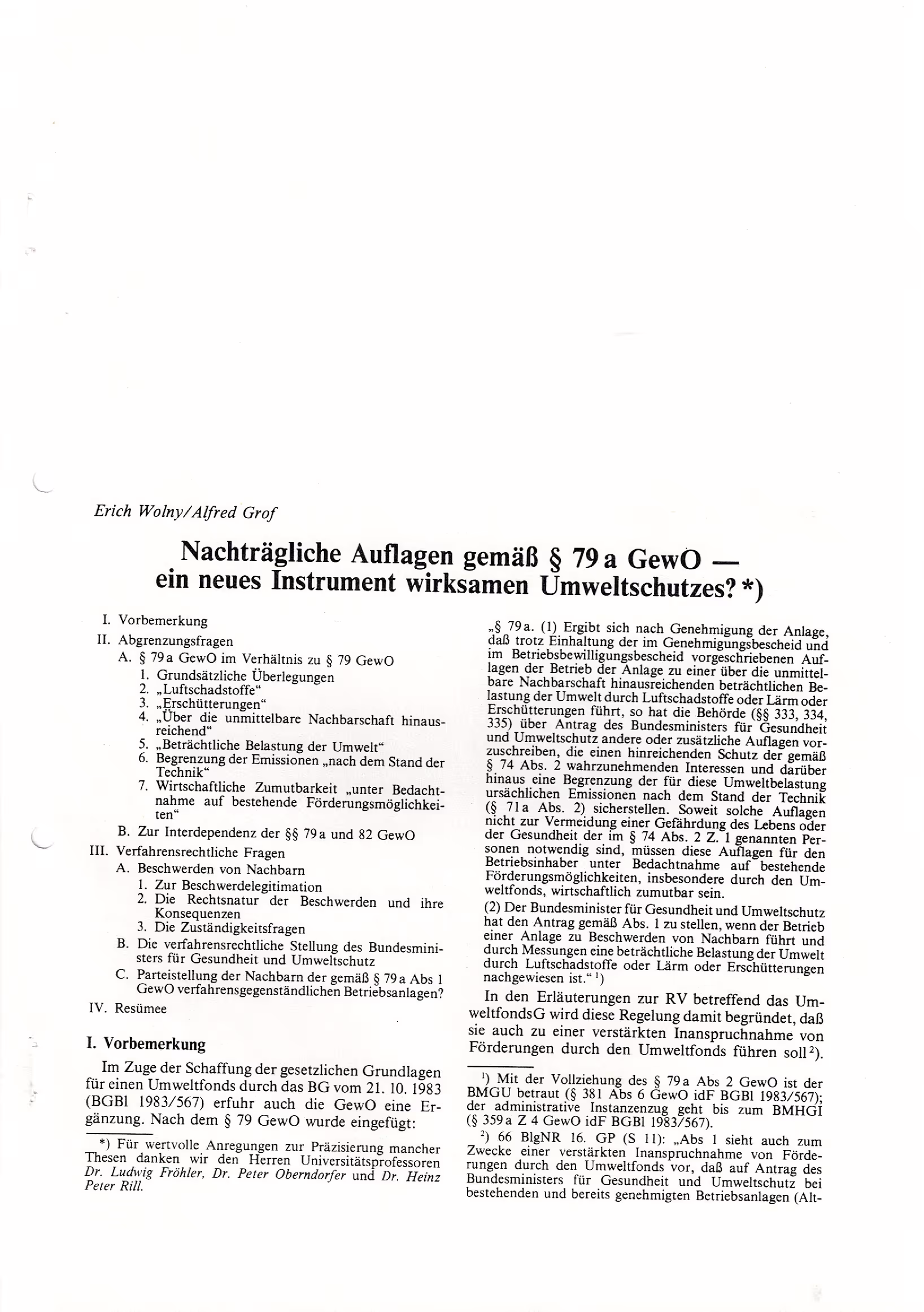 Ausschnitt aus Nachträgliche Auflagen gemäß § 79a GewO - ein neues Instrument wirksamen Umweltschutzes? (ZfV 1984, 105 ff)
