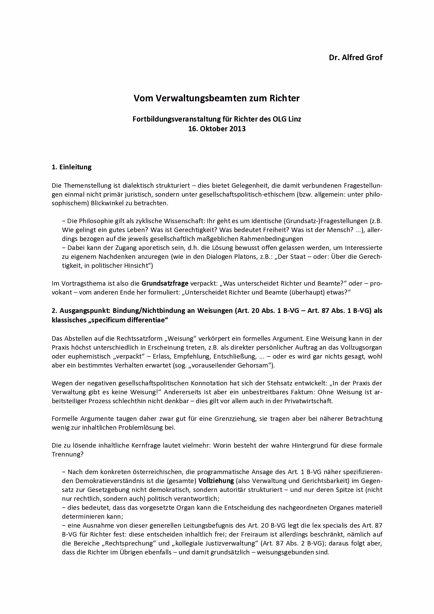 Ausschnitt aus Vom Verwaltungsbeamten zum Richter (Linz 2013)