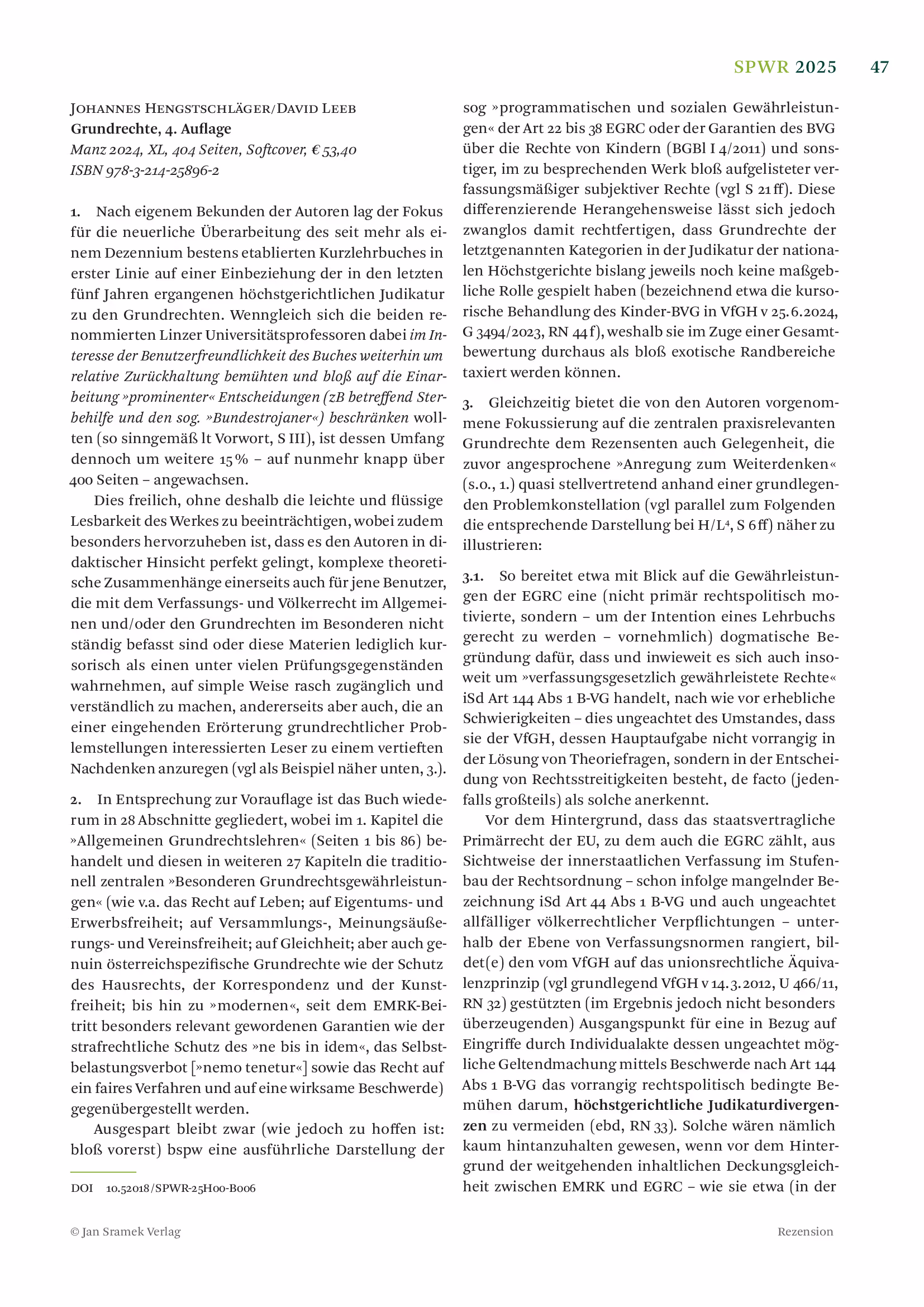 Ausschnitt aus Rezension: Hengstschläger/Leeb, Grundrechte, 4. Auflage (SPWR 2025, 47 ff)