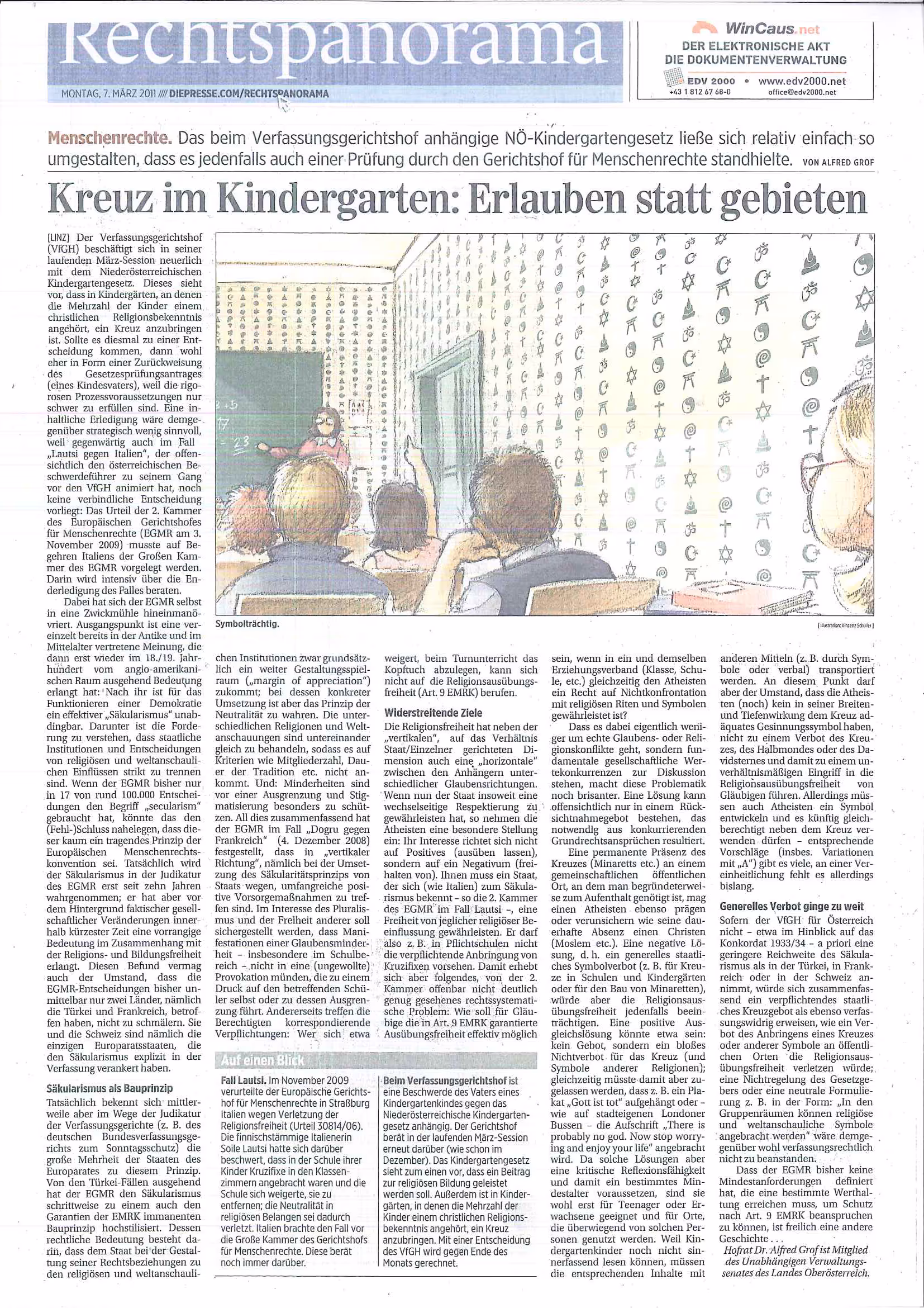 Ausschnitt aus Kreuz im Kindergarten: Erlauben statt gebieten (Die Presse – Rechtspanorama v. 7.3.2011, 15)