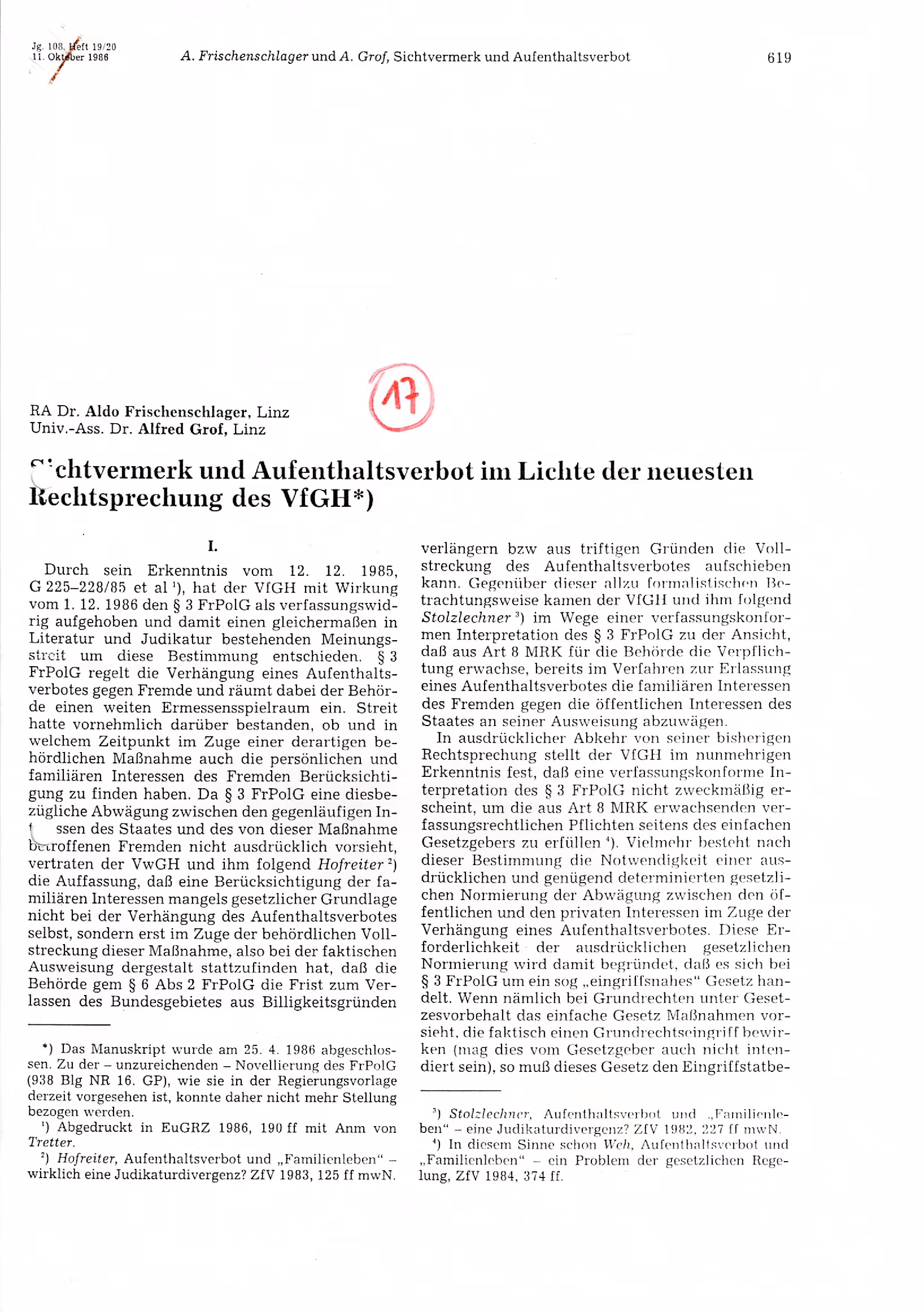 Ausschnitt aus Sichtvermerk und Aufenthaltsverbot im Lichte der neuesten Rechtsprechung des VfGH (JBl 1986, 619 ff)
