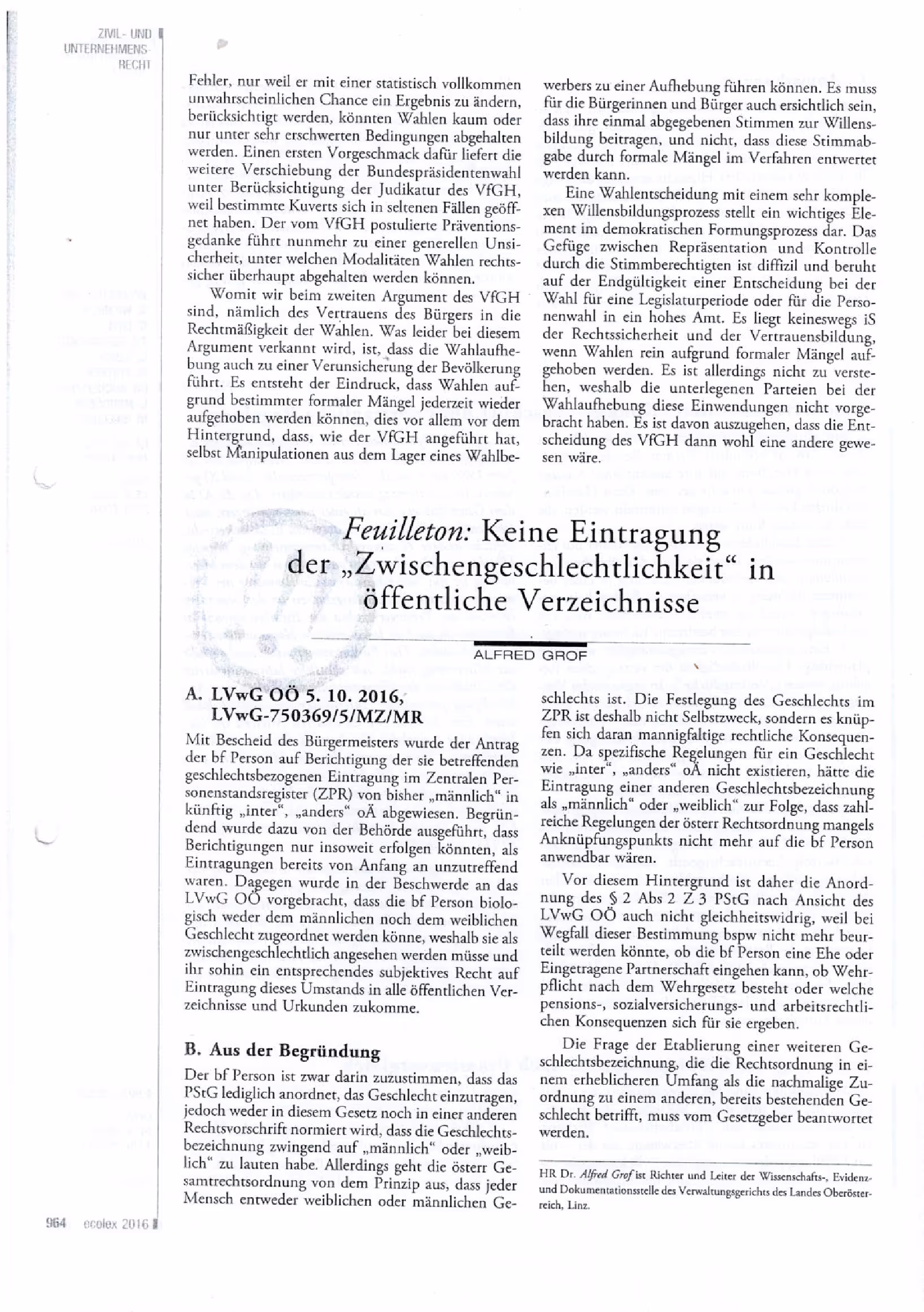 Ausschnitt aus Feuilleton: Keine Eintragung der Zwischengeschlechtlichkeit in öffentliche Verzeichnisse (ecolex 2016, 964 - 965)