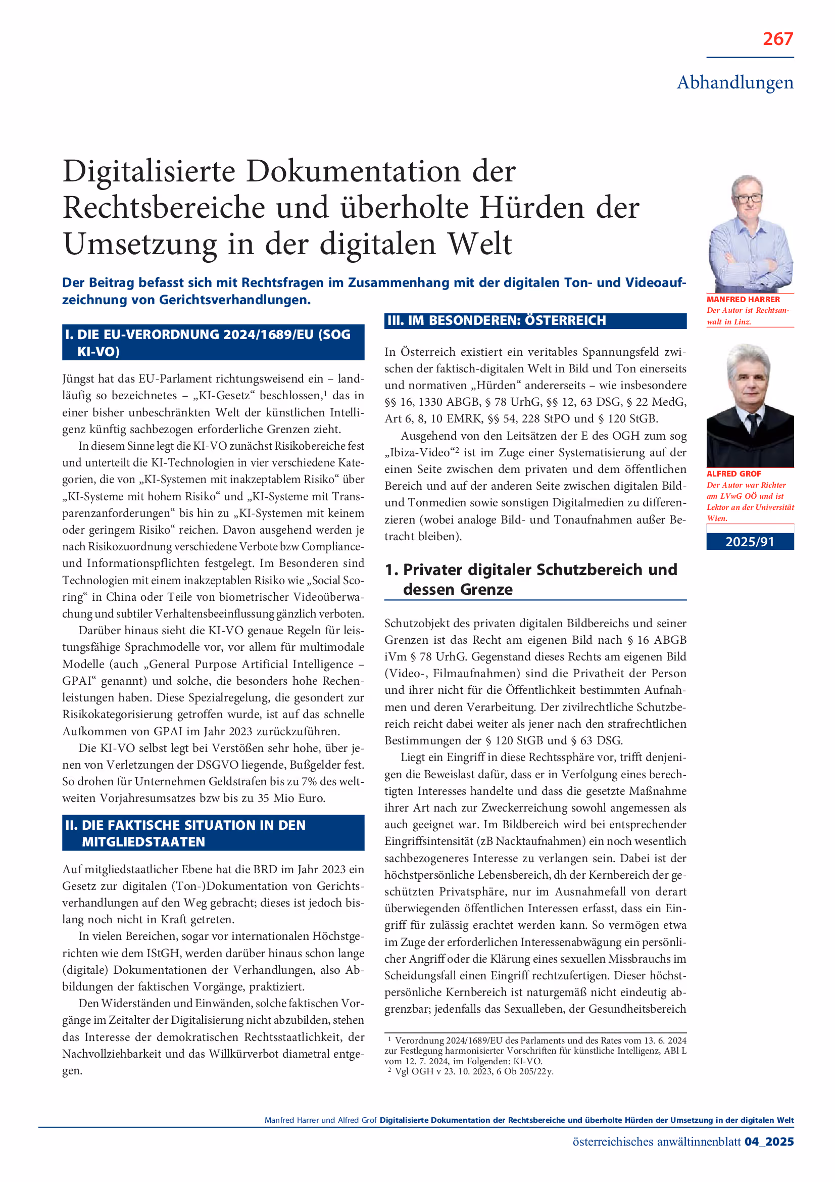 Ausschnitt aus Digitalisierte Dokumentation der Rechtsbereiche und überholte Hürden der Umsetzung in der digitalen Welt (AnwBl 2025, 267 - 268)