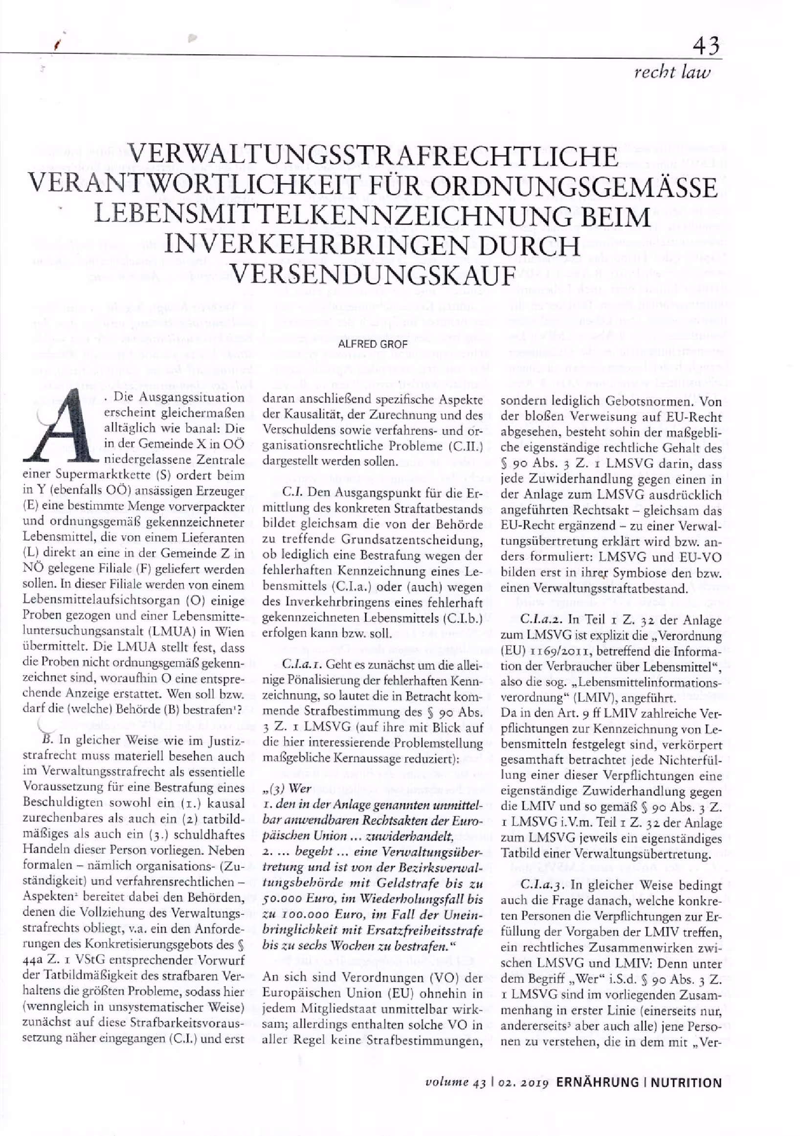 Ausschnitt aus Verwaltungsstrafrechtliche Verantwortlichkeit für ordnungsgemäße Kennzeichnung beim Inverkehrbringen durch Versendungskauf (Die Ernährung 2019, 43 - 46)